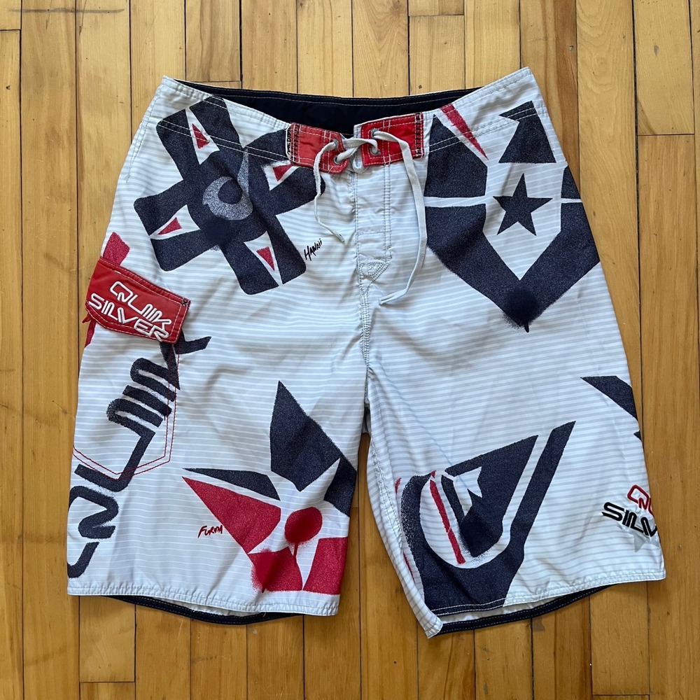 Quiksilver Mens Board Shorts Swim Trunks White Red Black Graphic Print Size 32